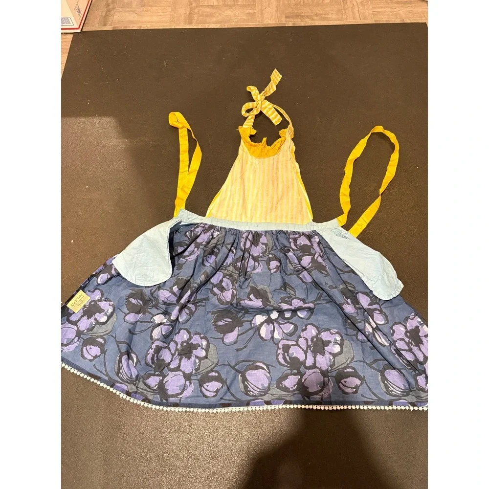 Sur La‎ Table Floral Striped Cotton Apron Blue Yellow Pom Pom Trim 2 Pockets